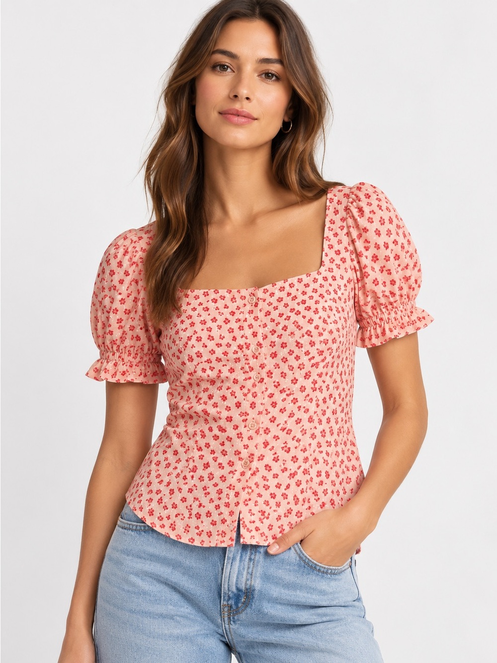 Elodie Pink Floral Square Neck Puff Sleeve Button Blouse Size Small